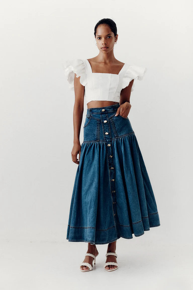 Aje Denim Bustier and Midi Skirt 90's Wash